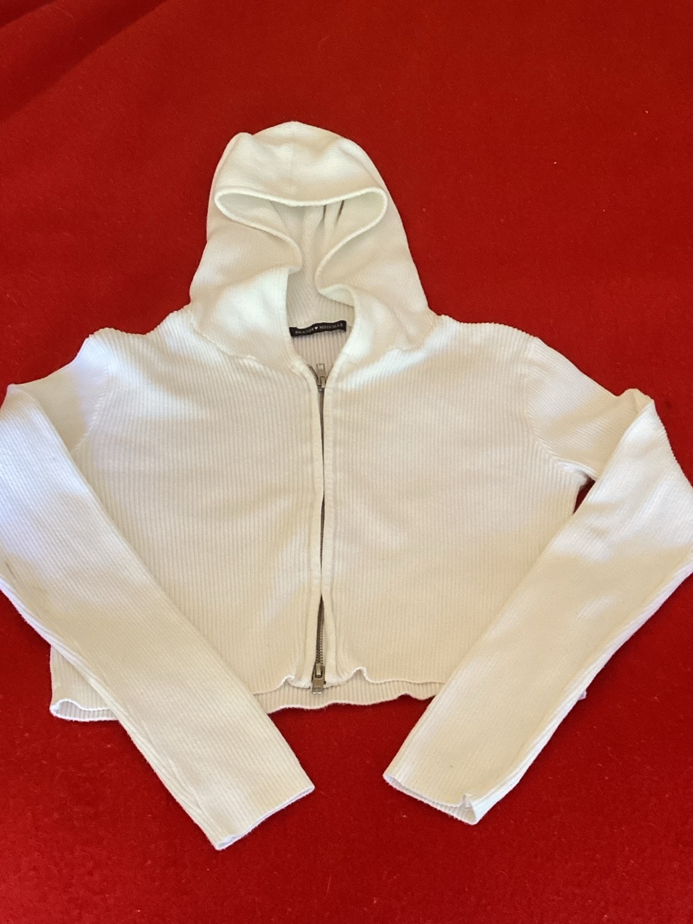 Brandy Melville White Ribbed Zip Hoodie